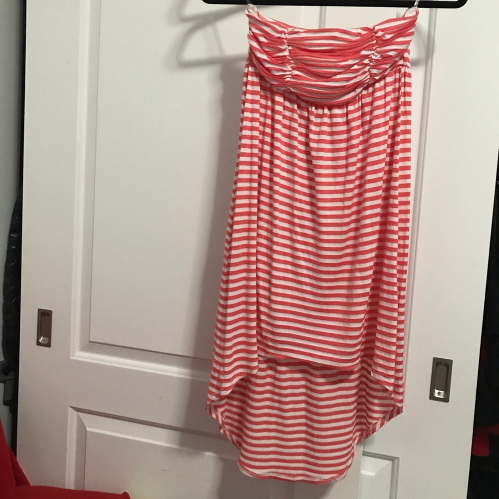 Strapless striped coral and white high low dress